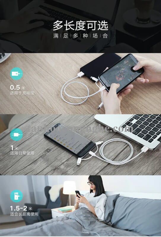 Ugreen 40766 0.5m màu Bạc Cáp dữ liệu USB 3trong1 micro + lightning + mini USB + truyền dữ liệu từ máy tính ra điện thoại US185 30040766